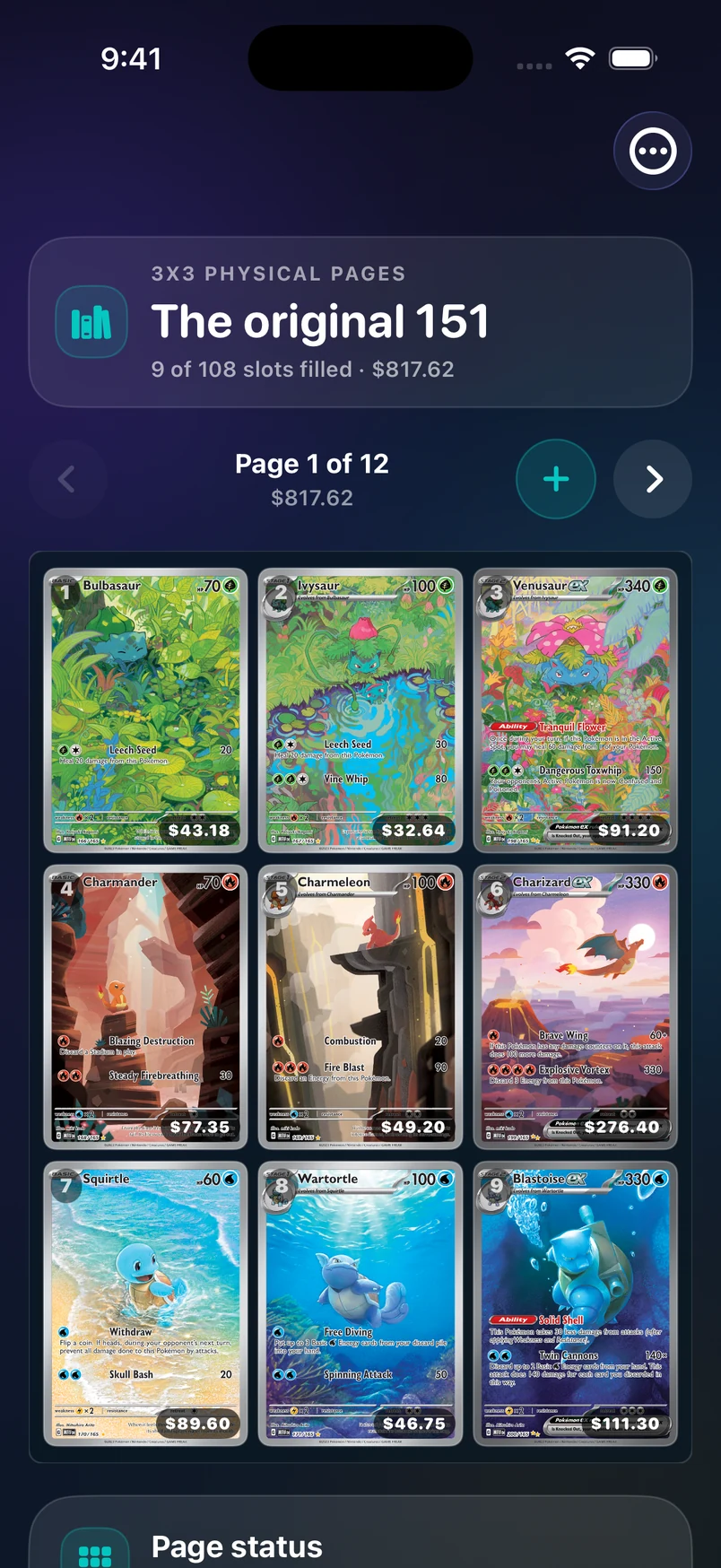 BulkBuildr binder with Pokémon cards arranged in pockets and a binder value.