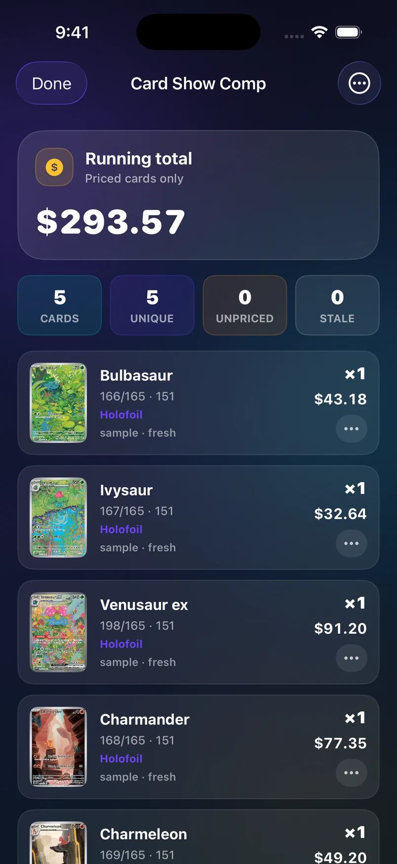 Preview of the planned Card Show Comp screen with sample cards and totals.