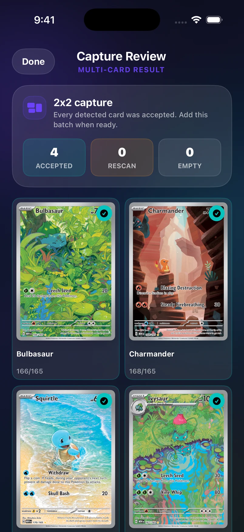Preview of upcoming group recognition showing several matched Pokémon cards.